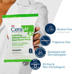CeraVe Hydrating Makeup Remover Wipes, Plant Based Facial Cleansing Wipes for Sensitive Skin, Fragrance-Free - 25ct