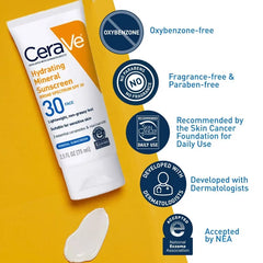 CeraVe Hydrating Mineral Face Sunscreen Lotion – SPF 30 - 2.5oz: No Fragrance Added, Noncomedogenic, Contains Hyaluronic Acid, Paraben-Free