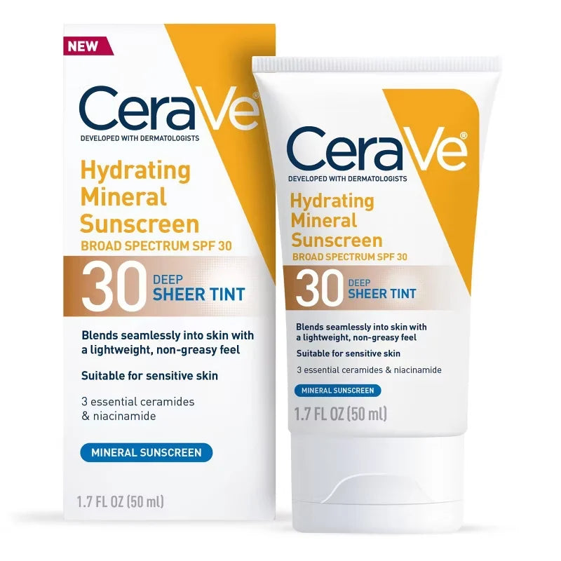 CeraVe Hydrating Mineral Tinted Face Sunscreen Lotion - SPF 30 - Deep - 1.7 fl oz: Unscented, Noncomedogenic, Paraben-Free, With Hyaluronic Acid